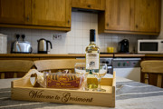 Grosmont Station House kitchen with welcome tray in focus.