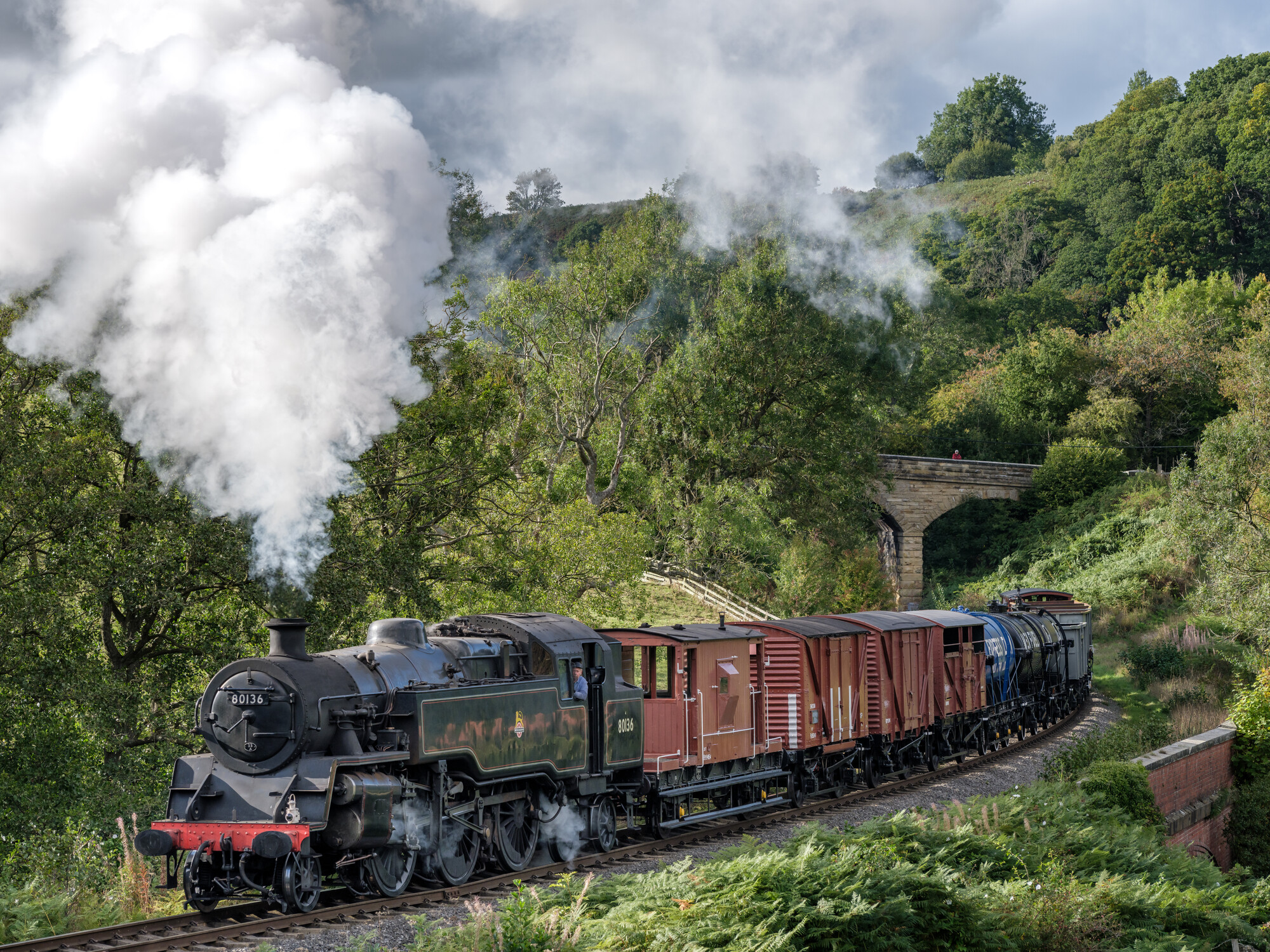 No. 80136 hauls a freight service up the 1 in 49 Grosmont to Goathland section.