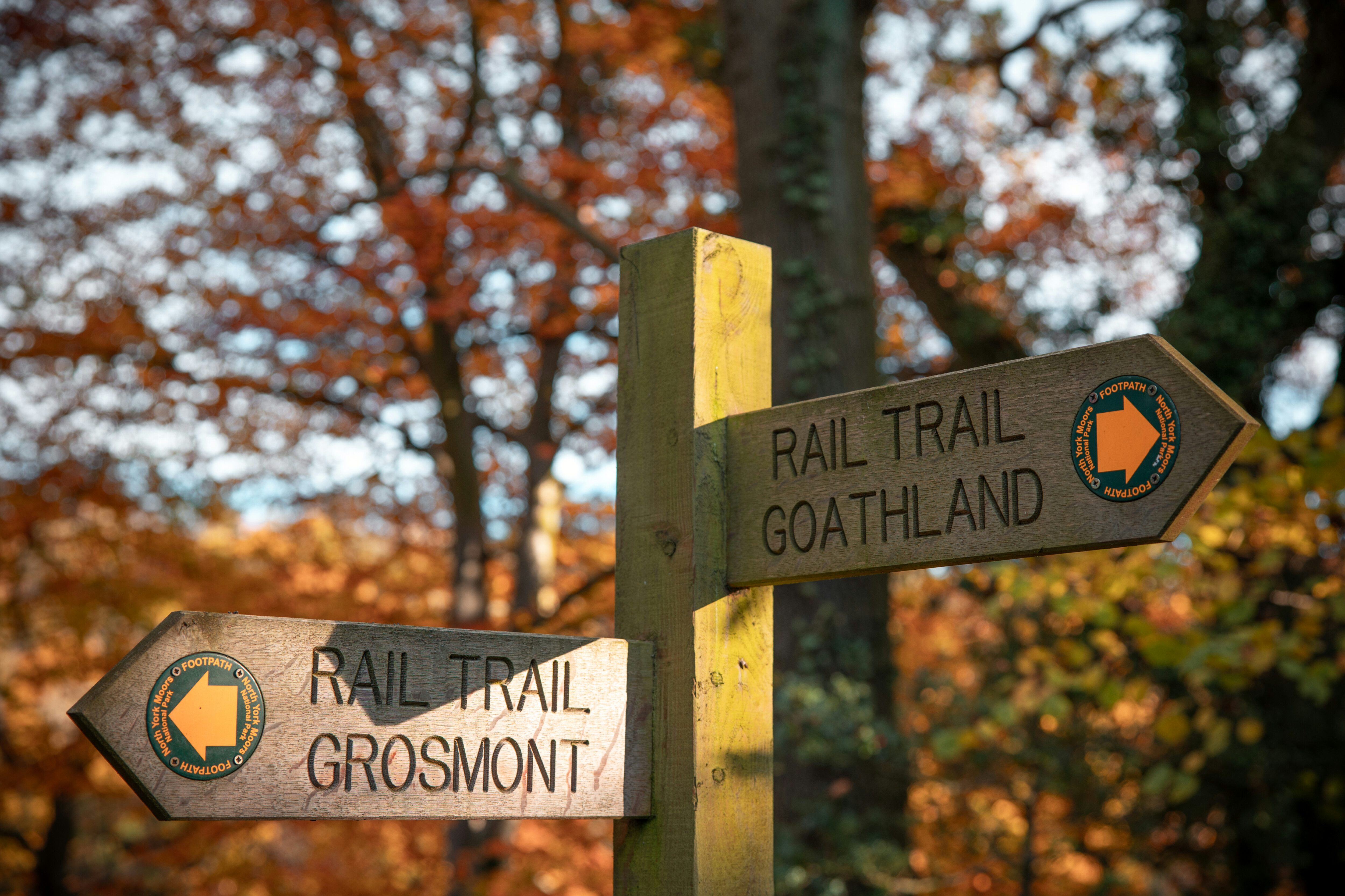 Finger signs pointing to Grosmont and Goathland Rail Trail.