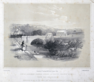 An 1848 view of Grosmont Church, School and Whitby Railway Bridge from the Lime Kilns