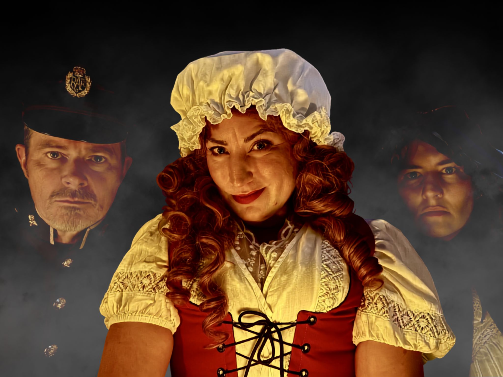 Mad Alice taunts the camera with two unknown faces, a man and a woman covered in mist, flanking her either side.